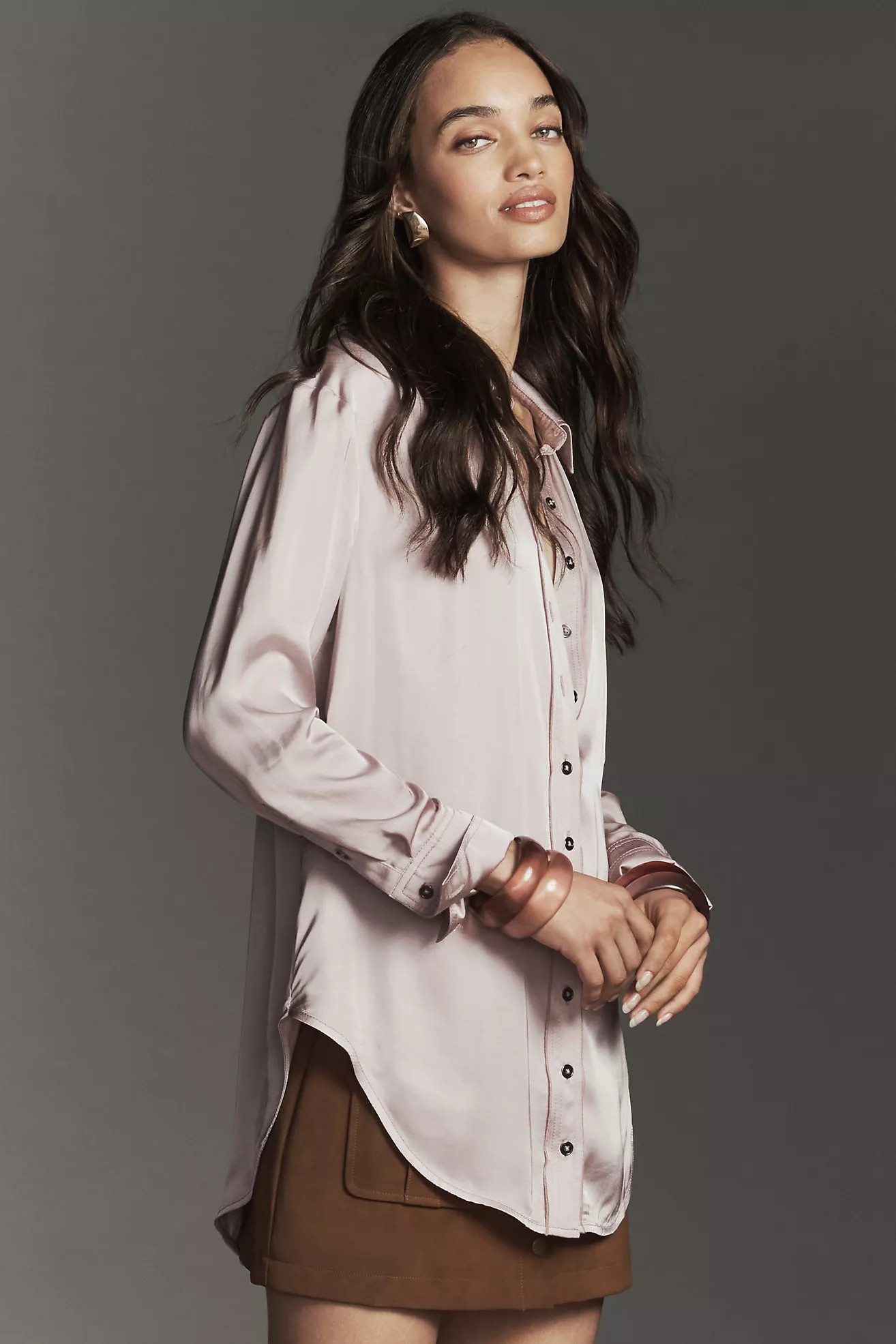 Pilcro Longline Silky Buttondown Shirt | Anthropologie (US)