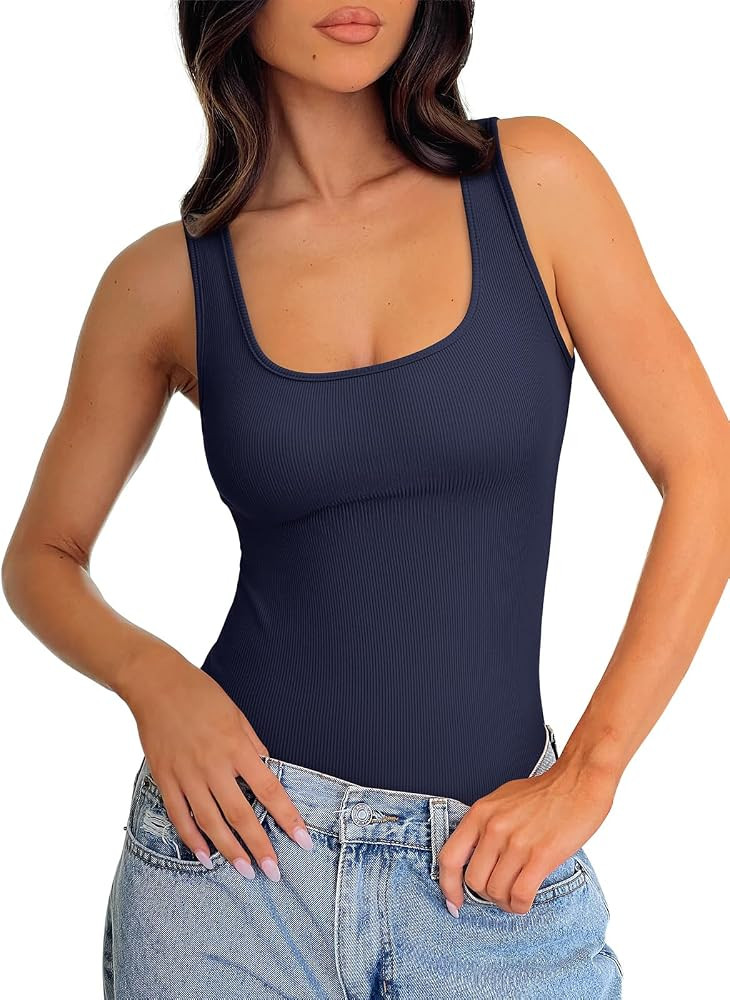 REORIA Body Suits Tank Top for Women Scoop Neck Sleeveless Ribbed Sexy Slimming Bodysuit Tops 202... | Amazon (US)