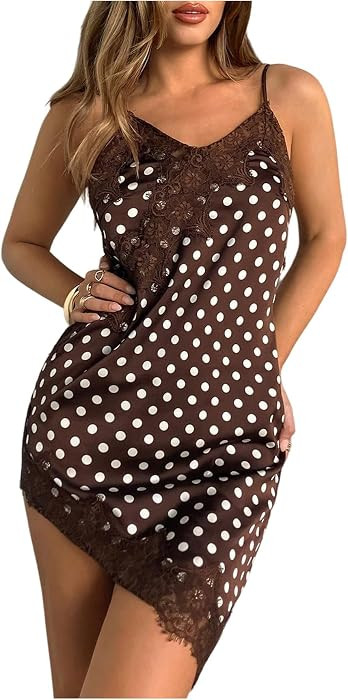 SweatyRocks Women's Polka Dots Lace Trim V Neck Long Camisole Tops Asymmetrical Slip Dress | Amazon (US)