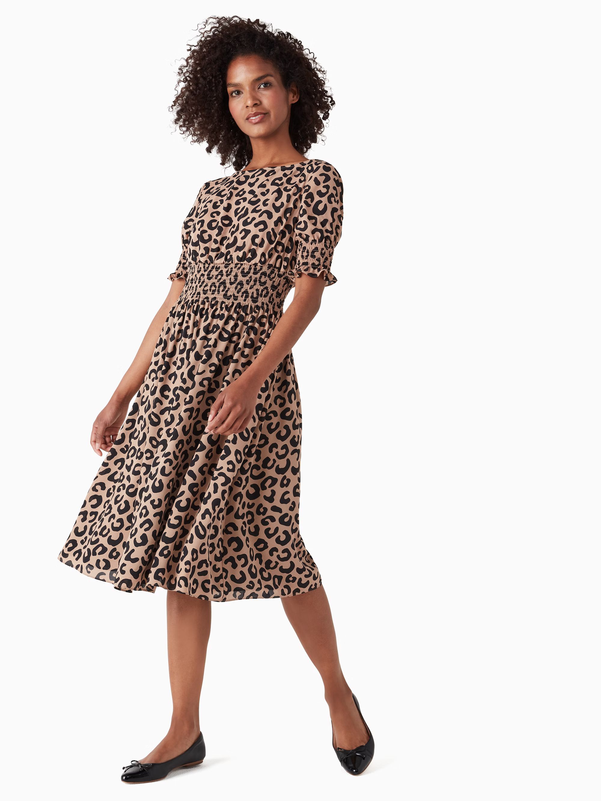 graphic leopard puff-sleeve blaire midi dress | Kate Spade Outlet