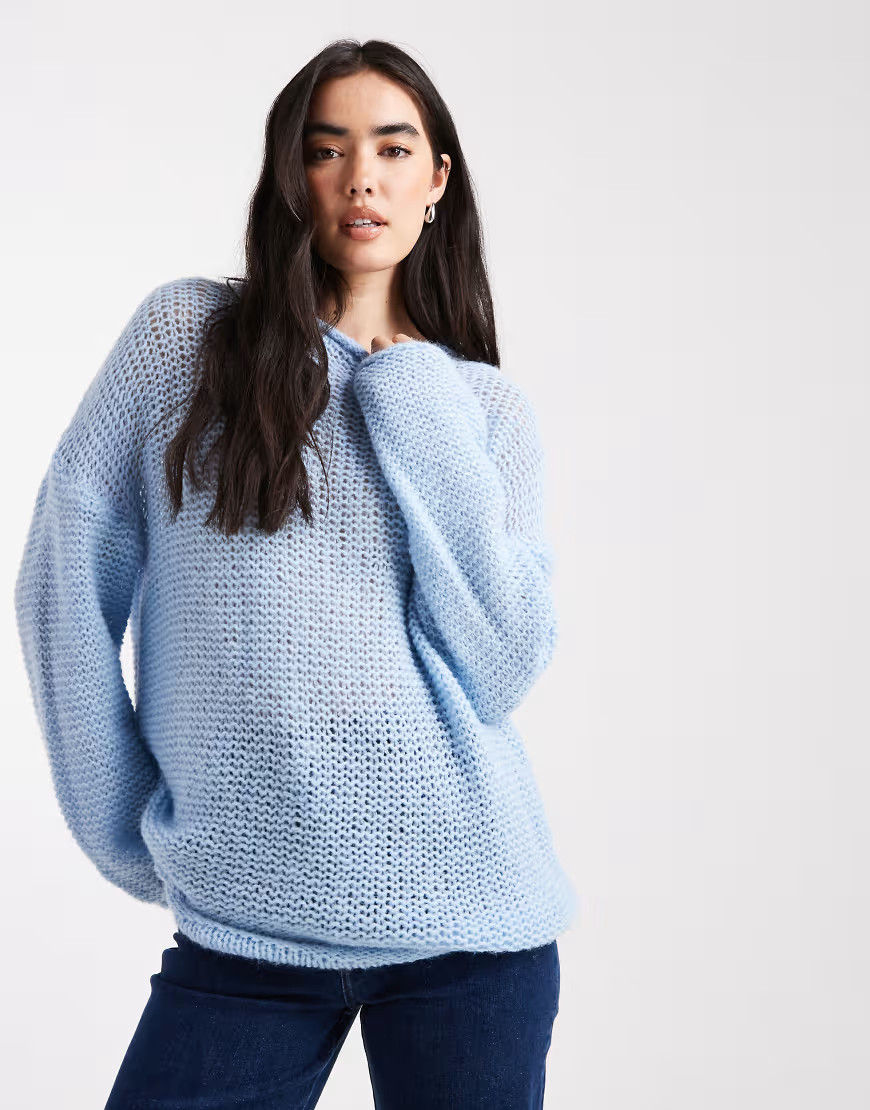 ASOS DESIGN knit relaxed slash neck sweater with rolled edge detail in blue | ASOS (Global)