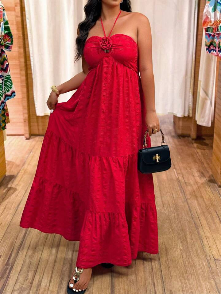 Breezaya Women's Solid Color 3D Floral Spaghetti Strap Slip Dress | SHEIN