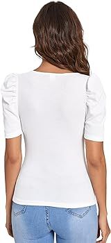 Verdusa Women's Casual Puff Sleeve Scoop Neck Slim Fit Ribbed Tee Shirt Top | Amazon (US)