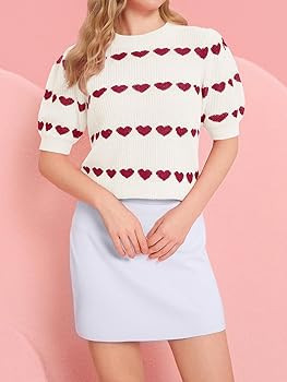 Saodimallsu Womens Heart Striped Sweaters Valentines Puff Short Sleeve Sweaters Cute Lightweight ... | Amazon (US)