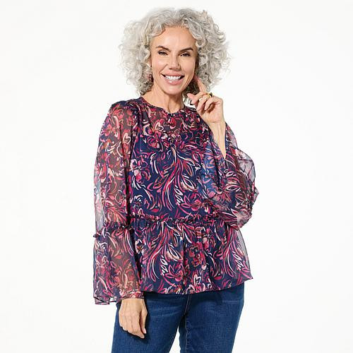 DG2 by Diane Gilman Crinkle Chiffon Bell Sleeve Blouse - Pattern/Print - Size X-Small | HSN