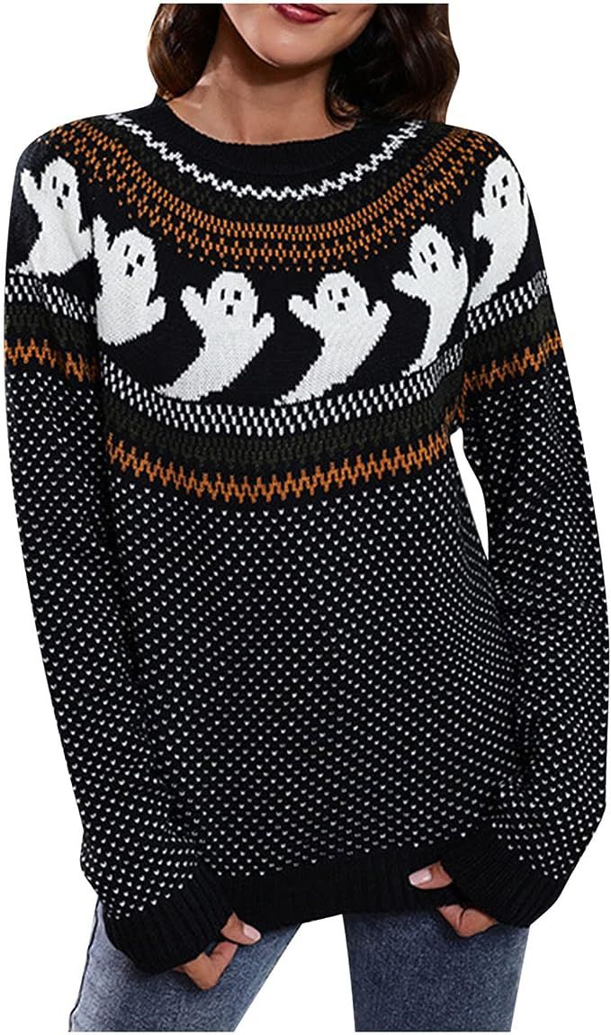 Halloween Knitted Sweater Tops for Women Ghost Pattern Long Sleeve Fair Isle Pullovers Fall Sweat... | Amazon (US)