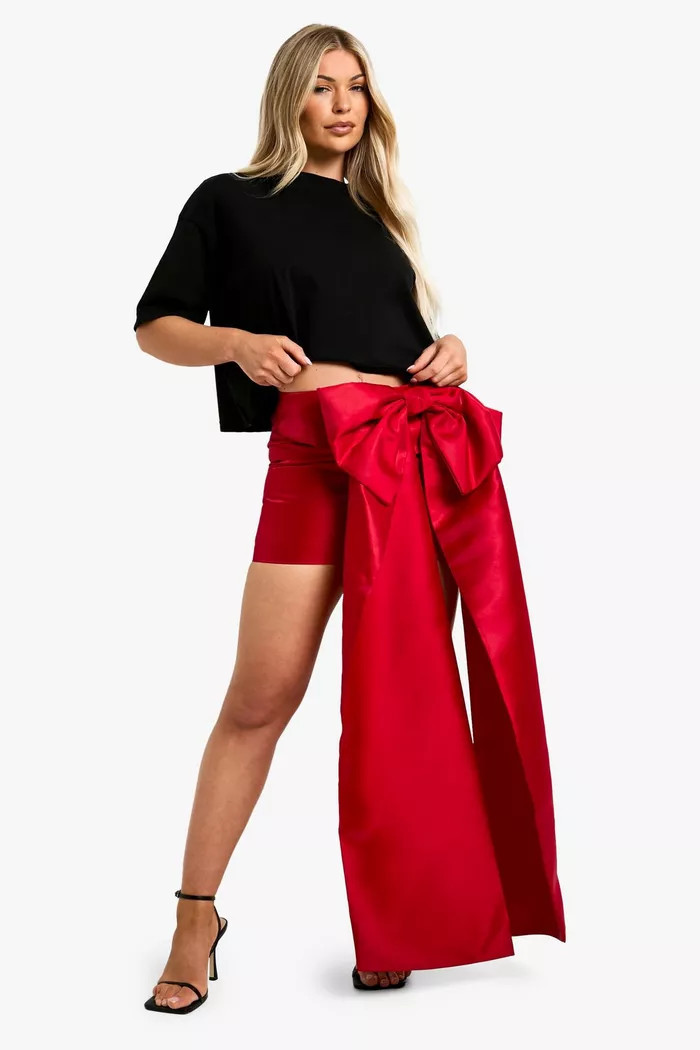 Premium Structured Bow Draped Satin Mini Skirt | Boohoo.com (UK & IE)