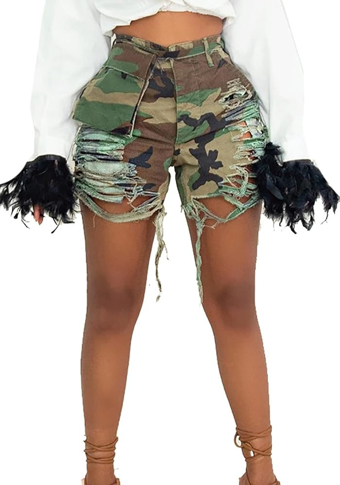 HuiSiFang Womens Camo Cargo Shorts Elastic High Waist Loose Fit Casual Shorts with Pockets | Amazon (US)