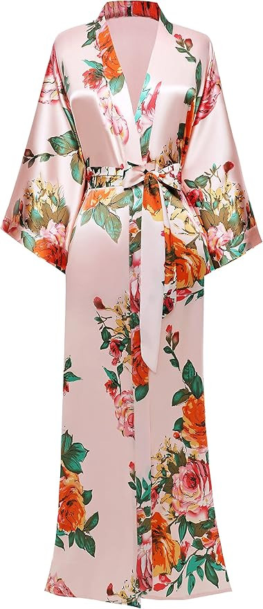 BABEYOND Kimono Robe Long Satin Floral Bridesmaid Wedding Bachelorette Party Robe | Amazon (US)