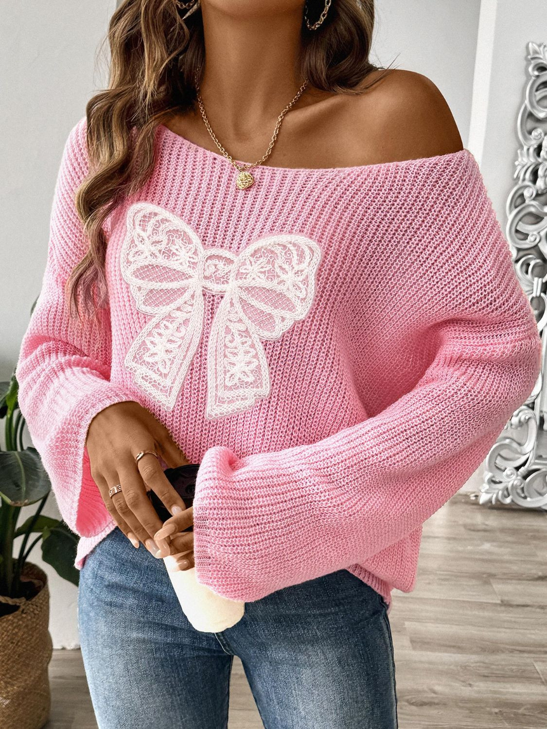 Bow Boat Neck Long Sleeve Sweater Blush Pink / L | Casual Chic Boutique