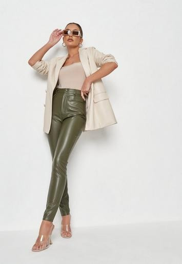 Khaki Faux Leather Slim Leg Pants | Missguided (US & CA)