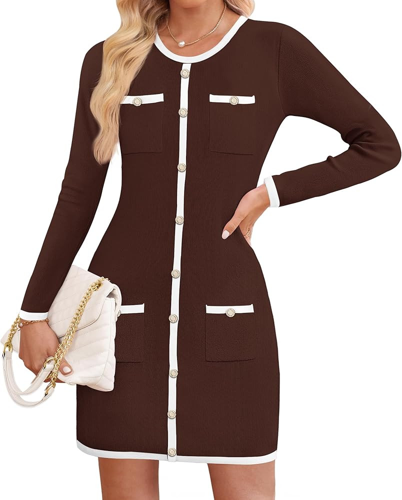 ZESICA Fall Dresses for Women 2026 Long Sleeve Button Color Block Knit Bodycon Short Sweater Dres... | Amazon (US)
