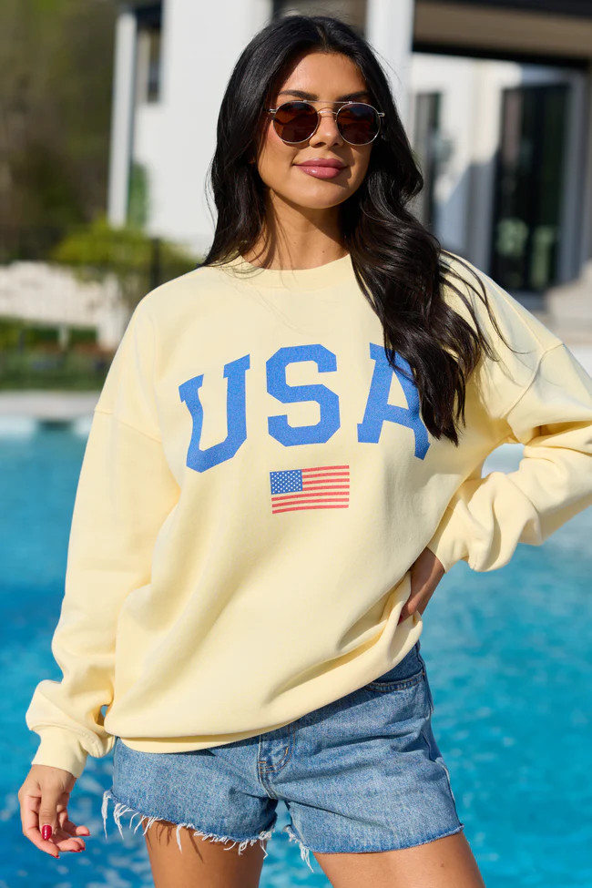 Athletic USA Flag Yellow Graphic Sweatshirt | Pink Lily