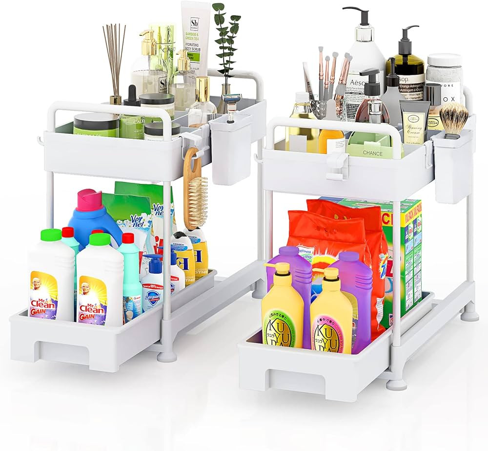 2 Pack Under Sink Organizer- Stackable 2 Tier Bathroom Storage Organizers and Storage with Hangin... | Amazon (US)
