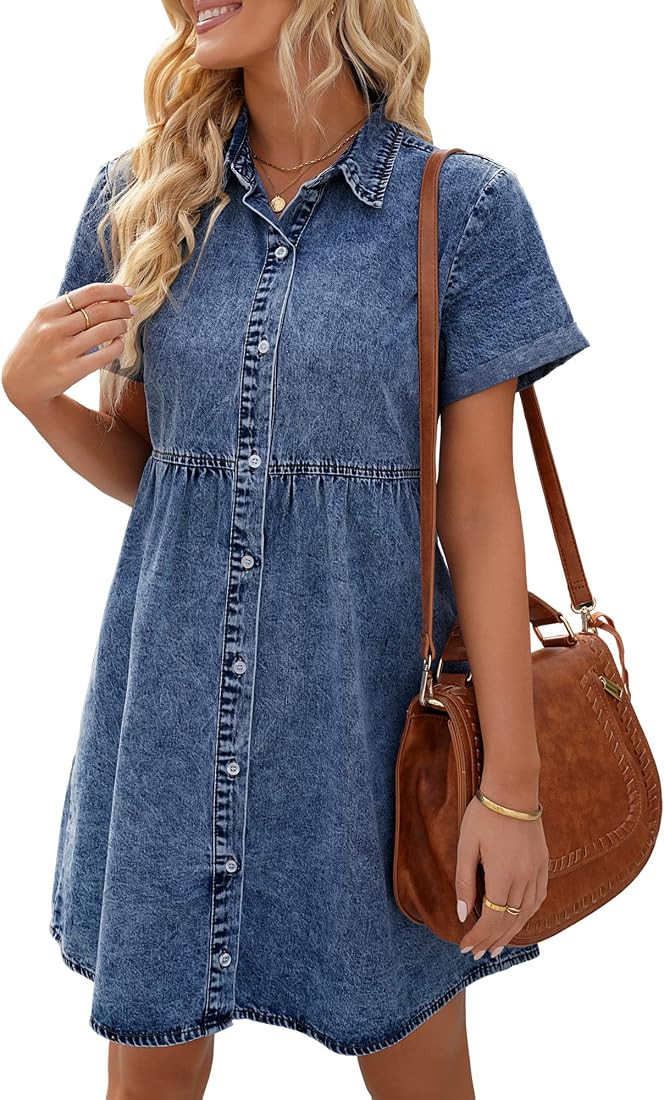 luvamia Women's Casual Short Sleeve Button Down Tiered Denim Babydoll Jean Dress | Amazon (US)
