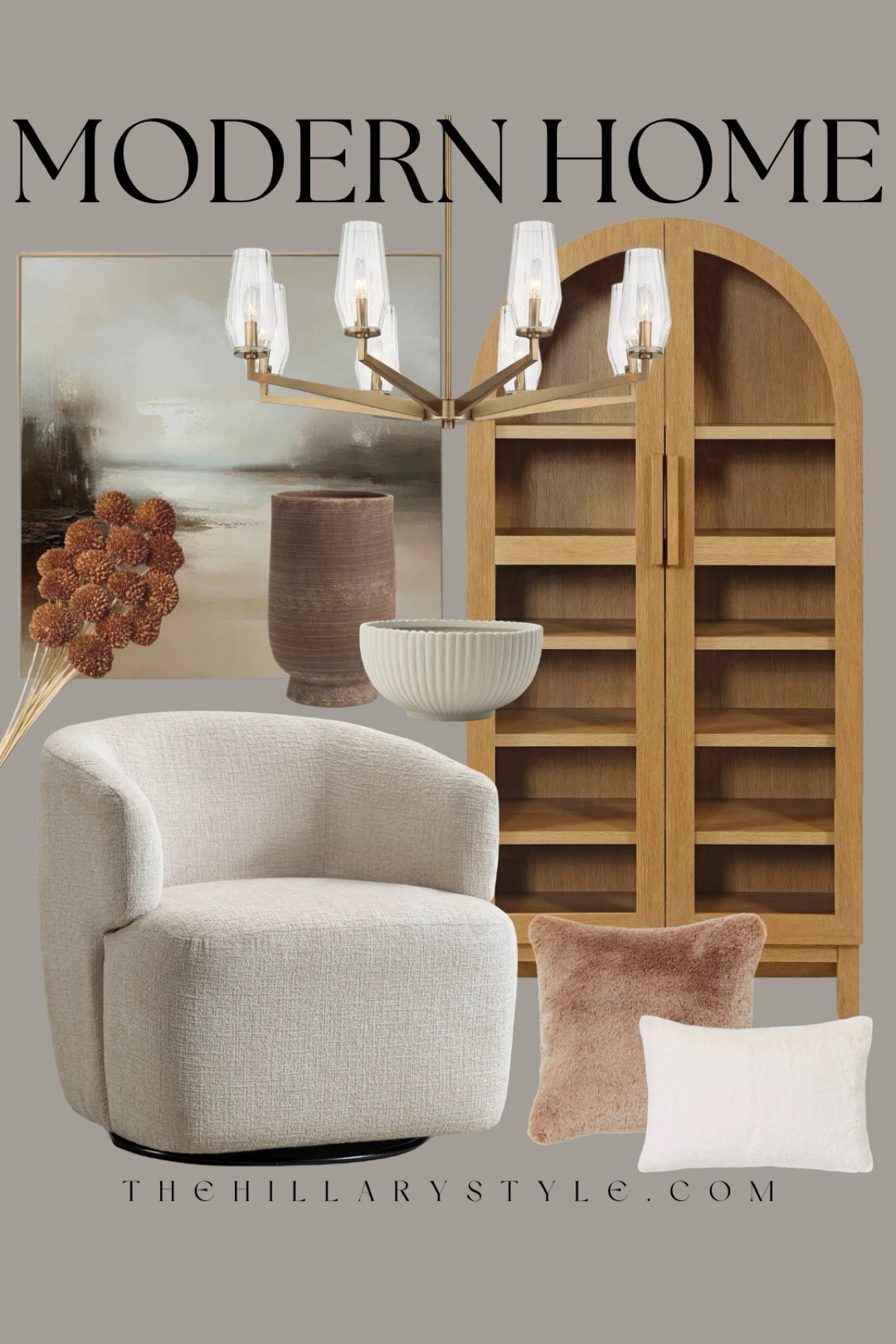 Modern Home: home decor and furniture finds for the modern organic home, barrel chair, arched wood cabinet, faux fur accent pillows, framed abstract art, gold chandelier, ceramic vase, ribbed bowl, fall stems. Target, Walmart, Etsy, World Market, McGee & Co.

#LTKSeasonal #LTKStyleTip #LTKHome