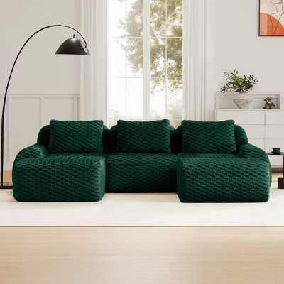 114" U-Shaped Modular Sofa Flannelette 3-Seater Ottoman Buckle No Assembly Green | Target