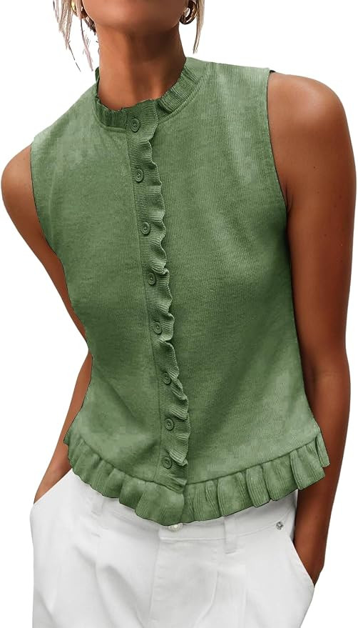 Womens Sleeveless Sweater Vest Mockneck Button Down Vacation Tank Top Summer Ruffle Going Out Ves... | Amazon (US)