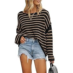 BTFBM Women's Striped Knit Sweaters 2025 Spring Fall Boat Neck Off Shoulder Long Sleeve Oversized... | Amazon (US)