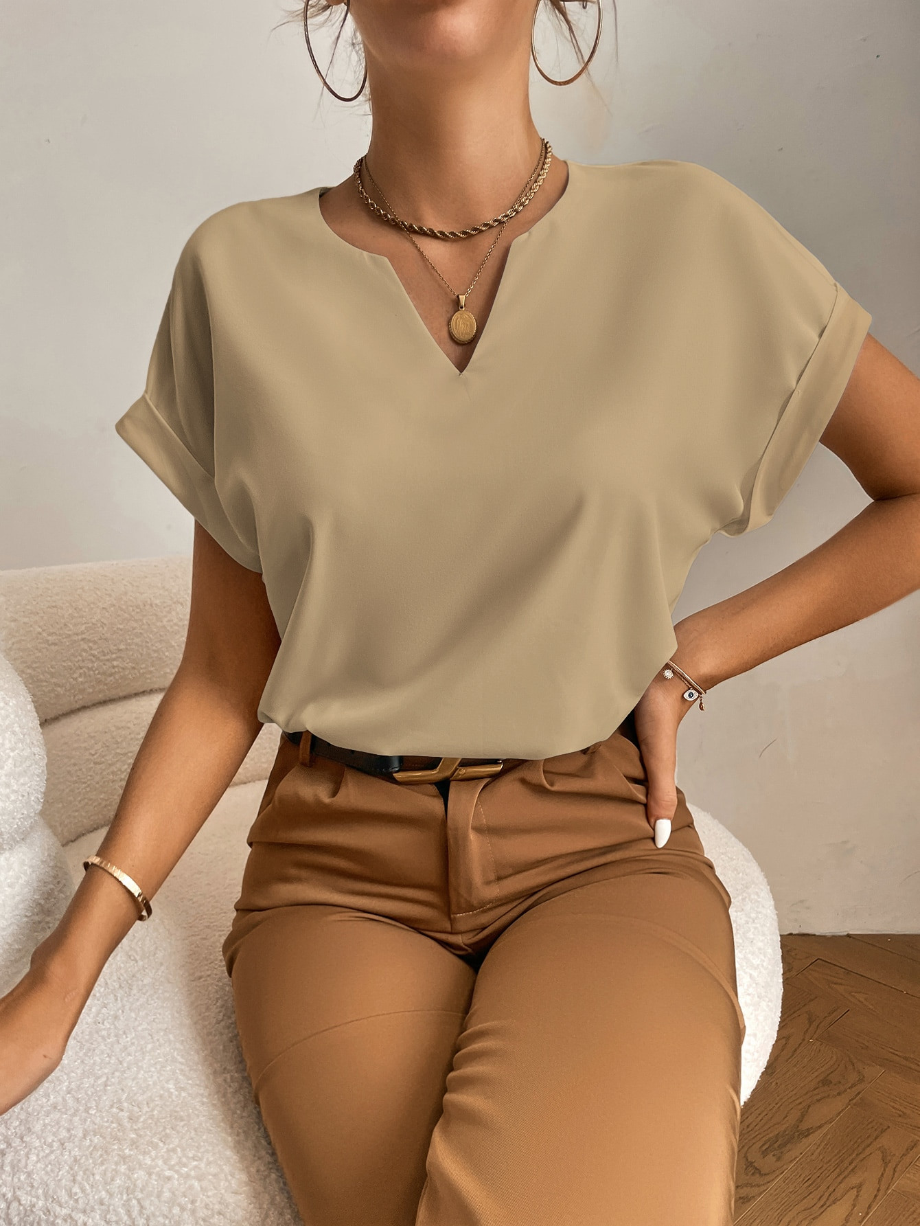 SHEIN Tall Notched Neck Batwing Sleeve Popover Blouse | SHEIN