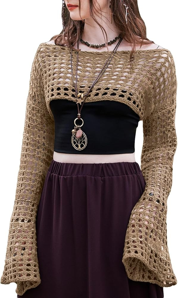 SHENHE Women's Crochet Shrug Hollow Knit Bolero Shrugs Sweater Crop Top Y2K Bell Sleeve Sweater | Amazon (US)