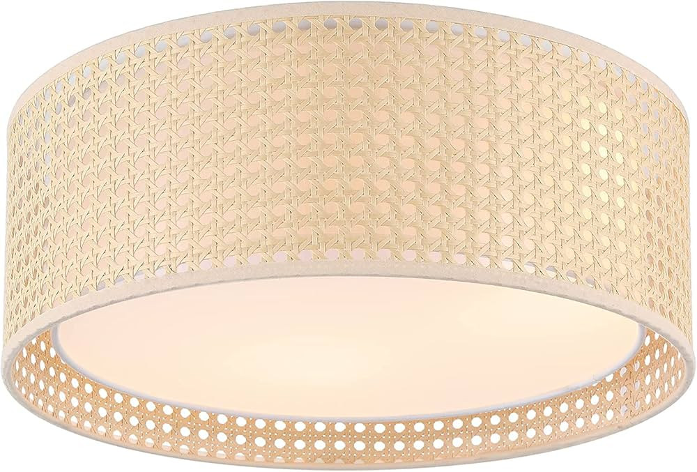 WINGBO 15.7" Modern 3-Light Flush Mount Ceiling Light Fixture with Rattan & Fabric Double Drum Sh... | Amazon (US)