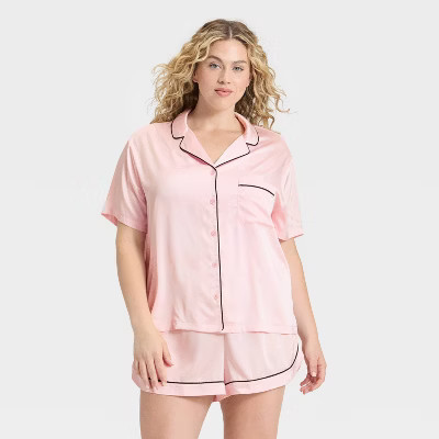 Women's Satin Short Sleeve Notch Collar Shirt and Shorts Pajama Set - Wild Fable™ Pink 1X | Target