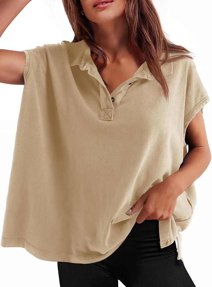 Tankaneo Womens Oversized Cap Sleeve Polo Shirts Summer Casual V Neck Tops Loose Fit Collared Cot... | Amazon (US)