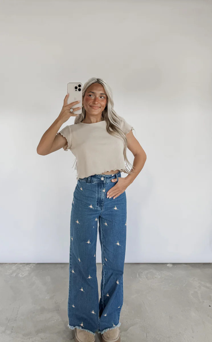 Fall Fields Floral Embroidery Barrel Denim Pants | CK Squared Boutique