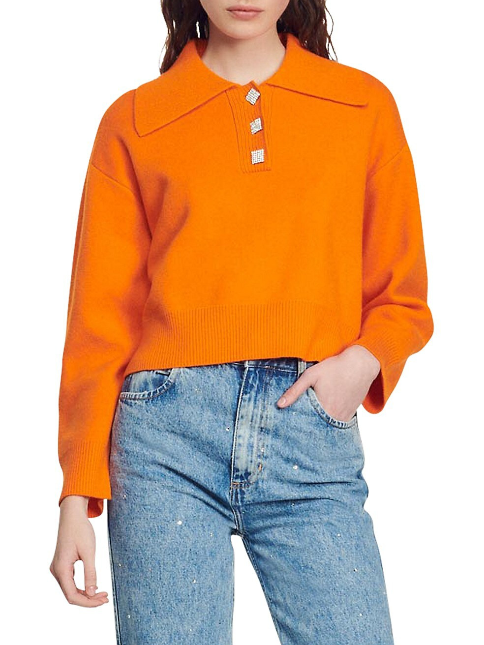 Sandro Jeweled-Button Crop Polo Sweater | Saks Fifth Avenue
