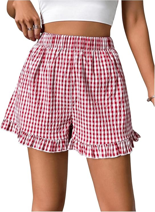 MakeMeChic Women's Plaid Print Ruffle Trim Elastic High Waist Wide Leg Shorts Pajama Shorts | Amazon (US)
