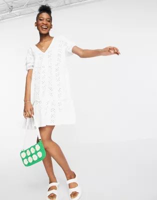 ASOS DESIGN broderie V-neck smock dress with puff sleeves in white | ASOS (Global)