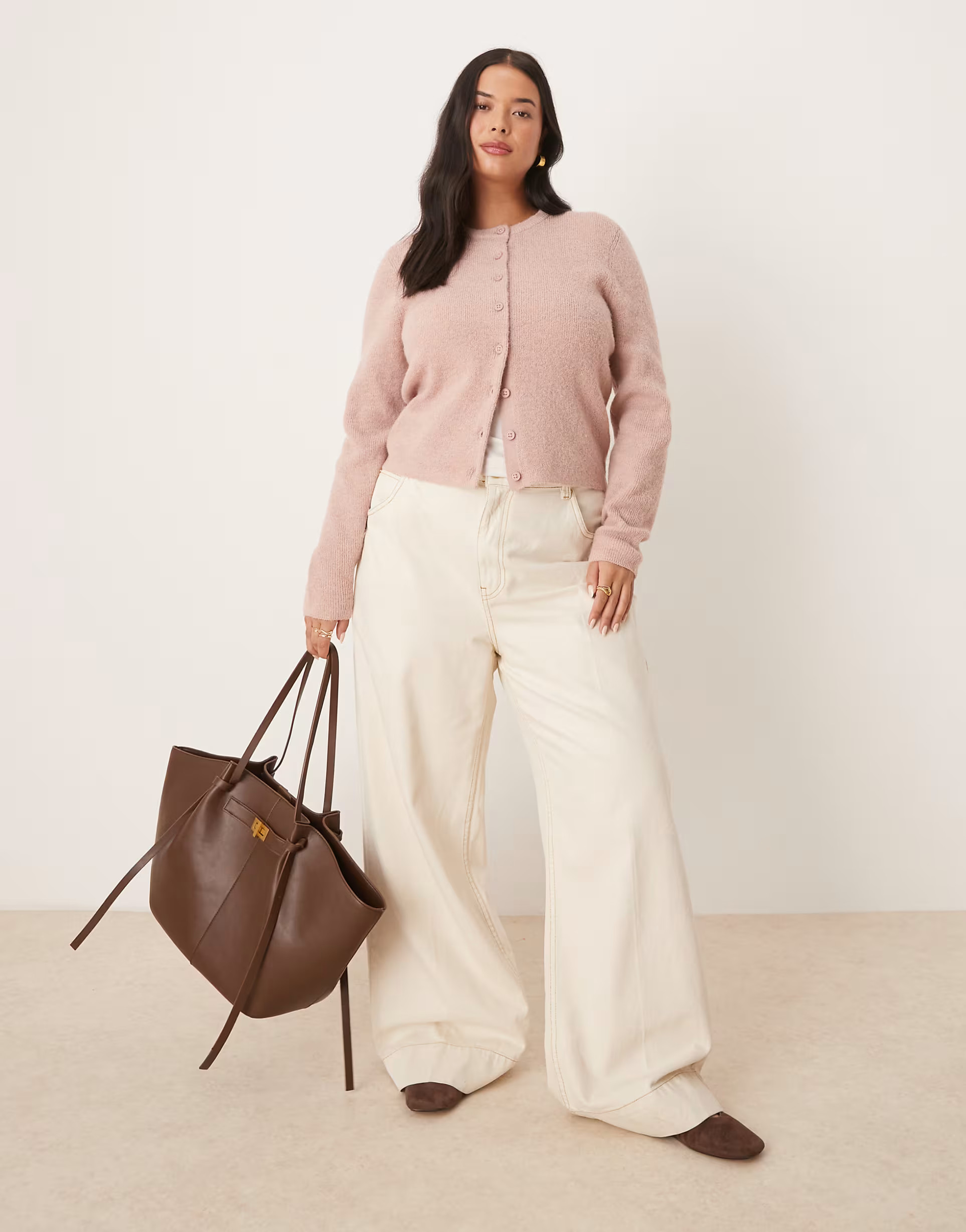 ASOS DESIGN Curve crew neck micro cardigan in light pink | ASOS (Global)