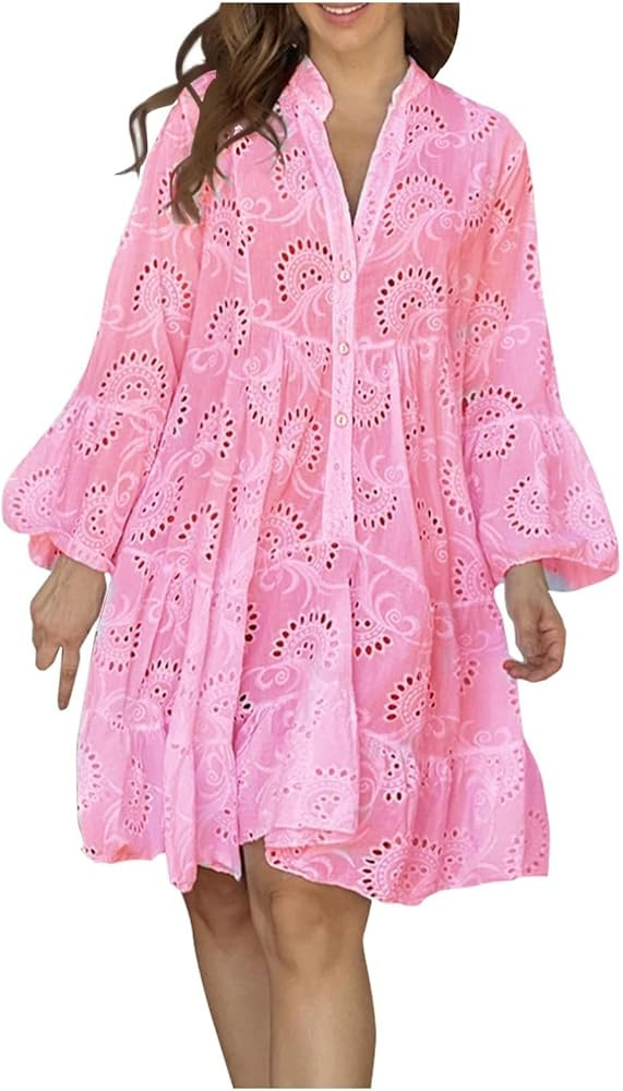 Eyelet Dress for Women Button Down Shirt Dress Embroidered Mini Dress Long Sleeve Hollow Out Dres... | Amazon (US)