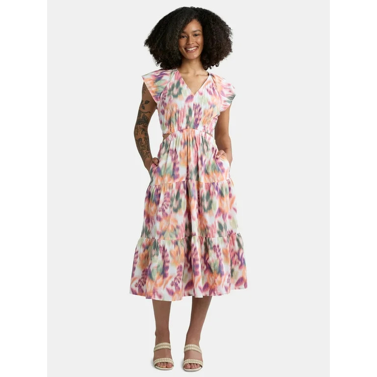 Time and Tru Women's Cut Out Midi Dress with Flutter Sleeves, Sizes XS-XXXL | Walmart (US)