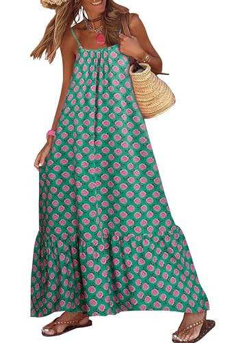 miduo Womens Dress Summer Fashion Bohemian Floral Printed Spaghetti Straps Sleeveless Maxi Long Flowy Dresses Green S | Amazon (US)