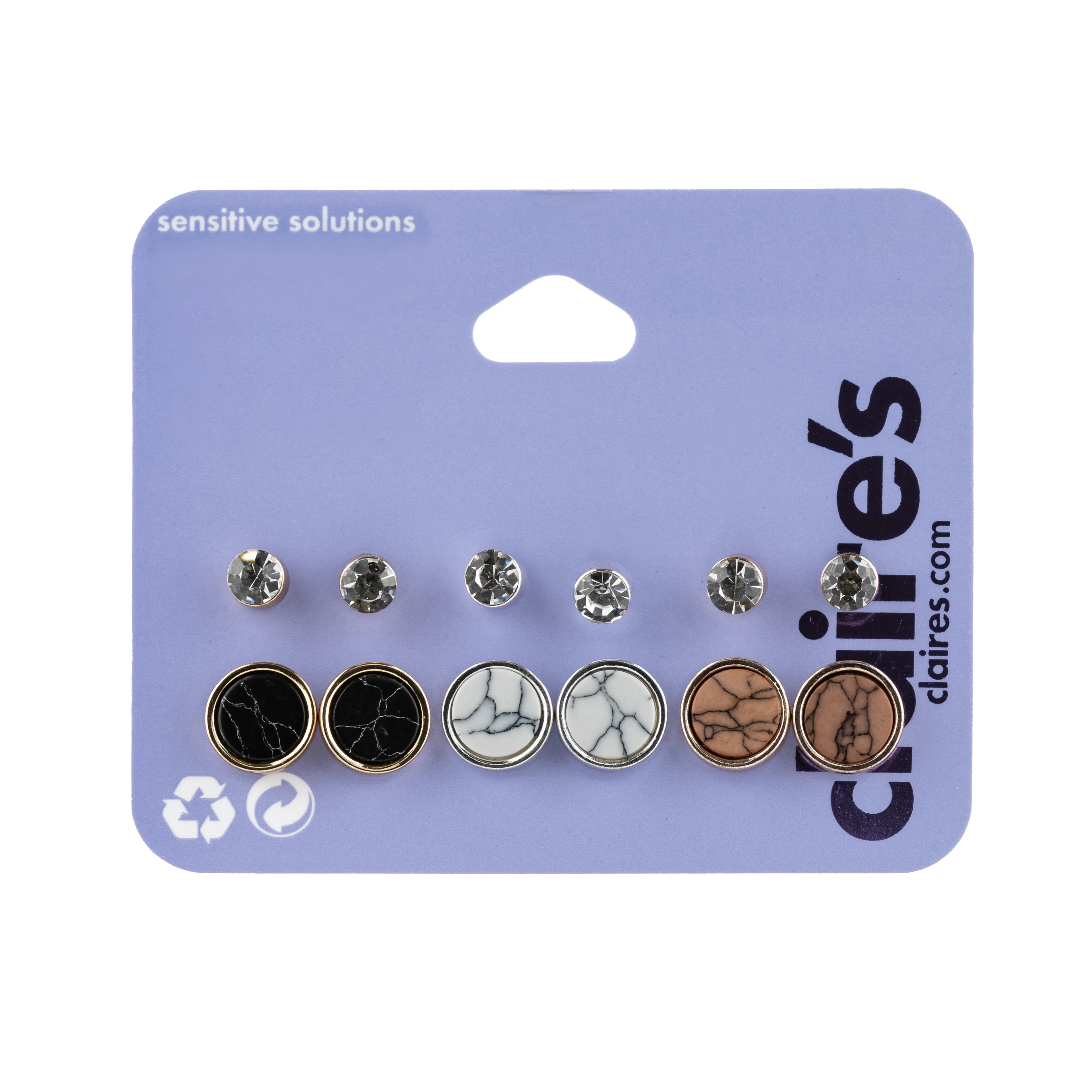 Claire's Teenager's Mixed Metal Crystal Marble Stone Stud Earrings Set, Post Back, 6 Pack, 01224 ... | Walmart (US)
