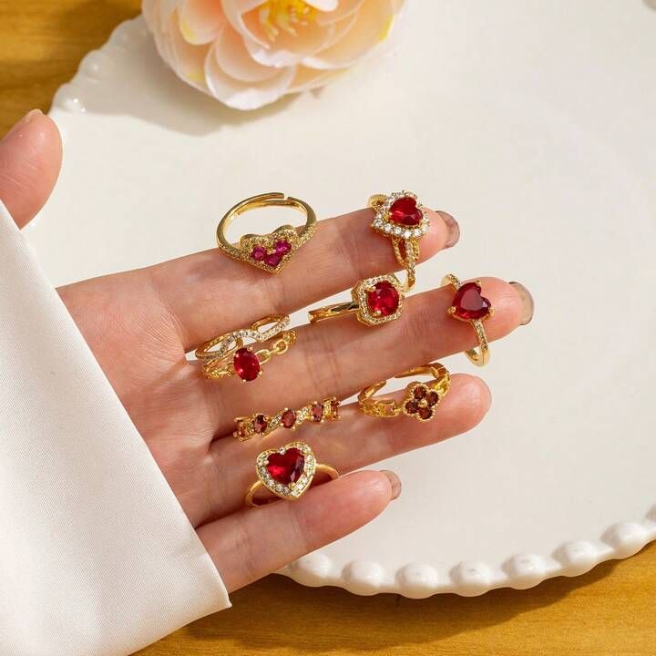 1pc Warm And Romantic 18k Gold Red Zirconia Women's Ring, Wedding Hundred Fashion Jewelry, Memori... | SHEIN