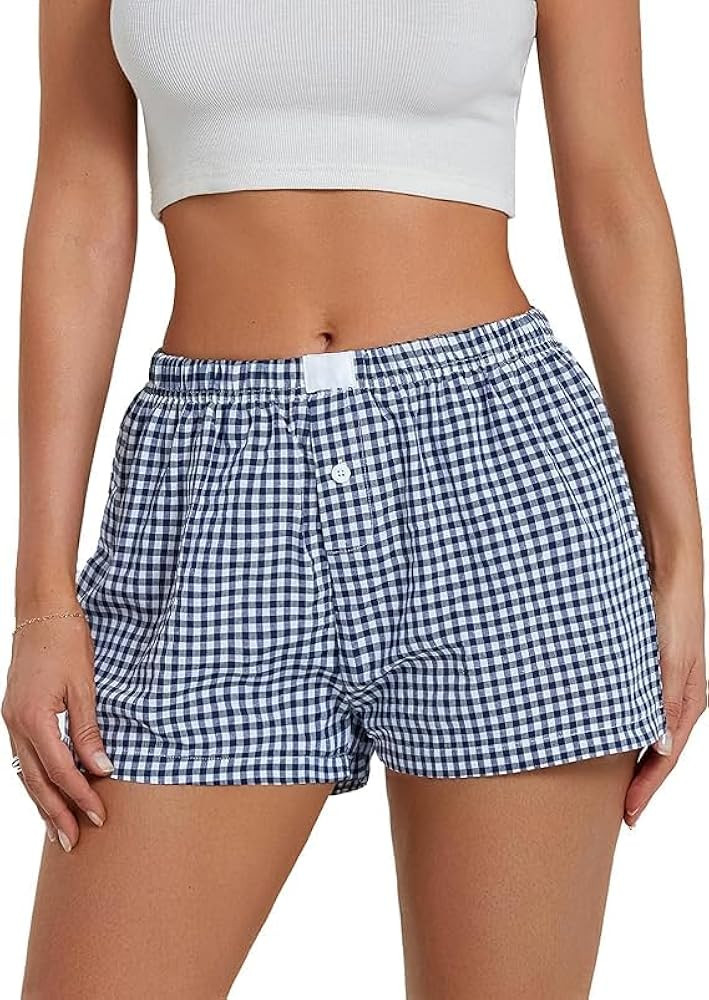 Women's Lounge Shorts Cute Soft Elastic Low Waist Plaid Print Button Front Pajama Bottoms Boxer S... | Amazon (US)