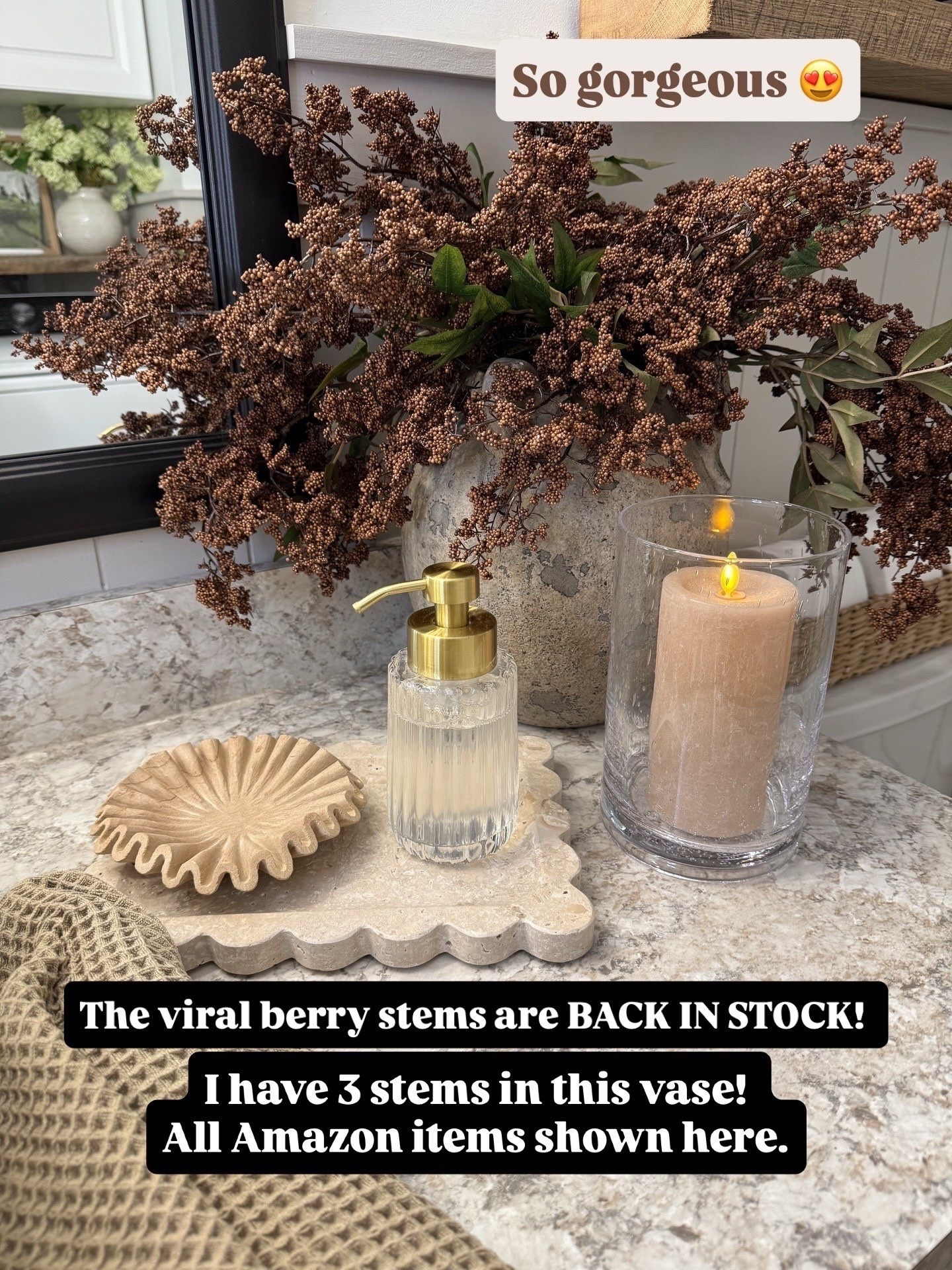 ‼️Brown Berry Stems Back In Stock‼️

Follow @farmtotablecreations on Instagram for more home styling ideas ✨

These gorgeous berry stems sold out so fast last time I shared. If you’ve had your eye on them, now’s the time to snag them. 

Simple, layered textures make the biggest impact in small spaces. I used warm neutrals and soft lighting to keep this bathroom feeling cozy and elevated. The scalloped stone tray, ribbed glass soap dispenser, and flickering flameless candle are all Amazon finds — proof that you can create a high-end look on a budget.

#bathroomdecor #amazonhomefinds #neutralbathroom #amazonbathroom #homeinspo #bathroomstyling #decorinspo #interiordetails #homefinds #amazonprime




#LTKSaleAlert #LTKHome