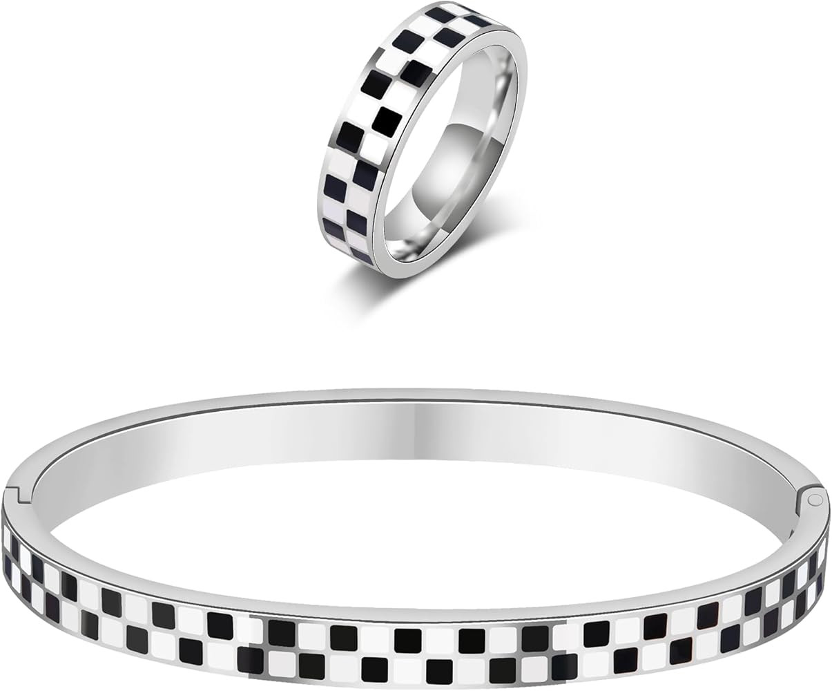 Checkered Stackable Jewelry Set: Black & White 316L Stainless Steel Bracelet & Ring | Non Tarnish... | Amazon (US)
