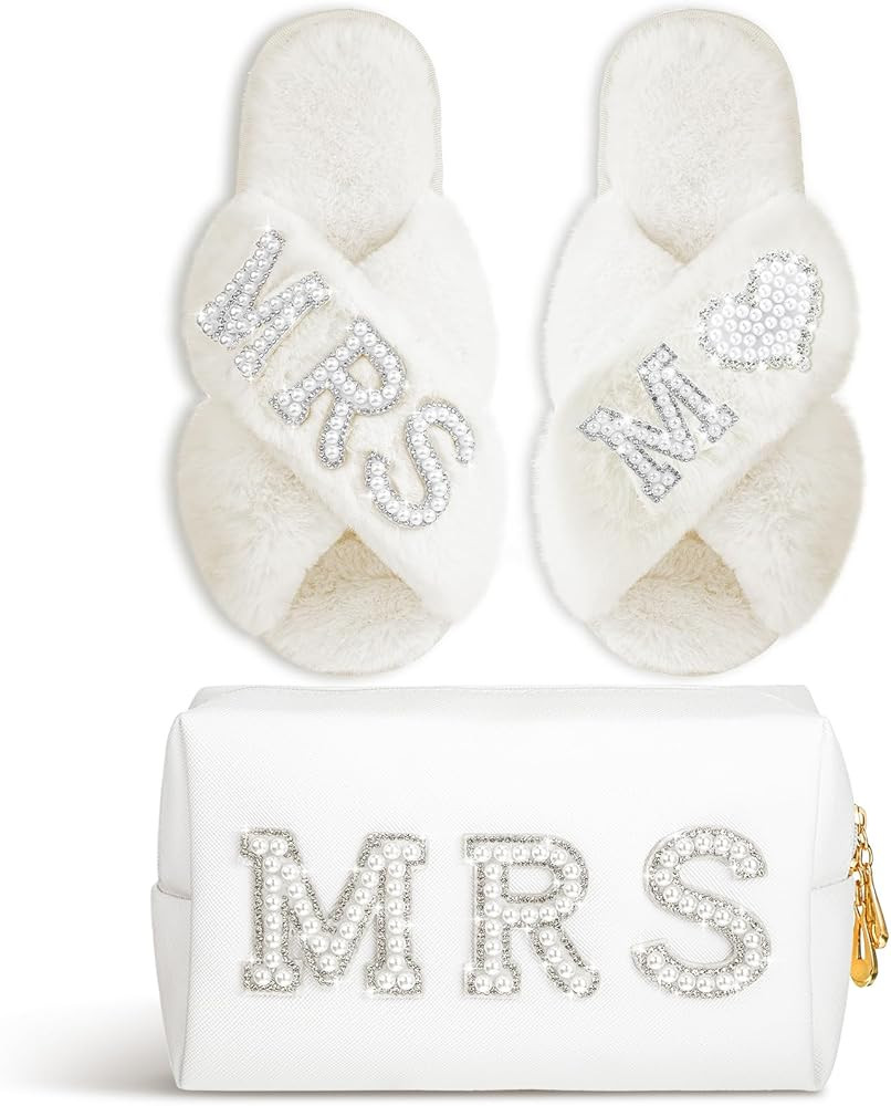 Xtinmee Personalized Initial Wedding Bride Slippers MRS Pearl Letter Makeup Bag Bridal Shower Gif... | Amazon (US)