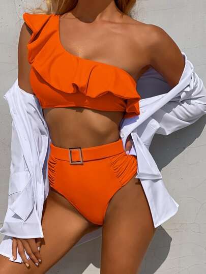 Ruffle Hem Ruched One Shoulder Bikini Swimsuit | SHEIN