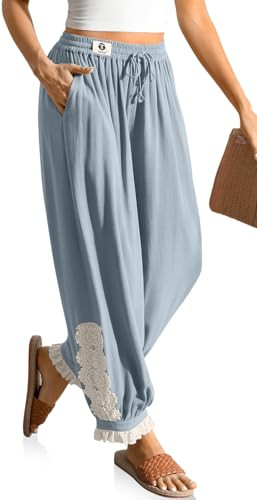 TARSE Women’s Boho Linen Pants Elastic Waist Cropped Harem Pants Loose Fit Lantern with Lace Detail Vintage Casual Summer Trousers(lightGrayBlue, XXL) | Amazon (US)
