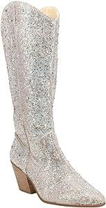 Matisse Womens Nashville Rhinestone Pointed Toe Casual Boots Knee High Mid Heel 2-3" - Silver | Amazon (US)