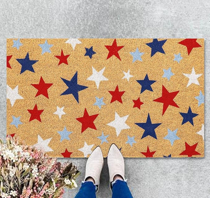 Patriotic Natural Coir Door Mat 4th of July Red Blue White Star Doormat Non-Slip Entrance Door Ru... | Amazon (US)