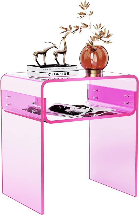Clear Acrylic End Table 2-Tier Bedside nightstand for Living Room Bedroom Home Decor (Pink) | Amazon (US)