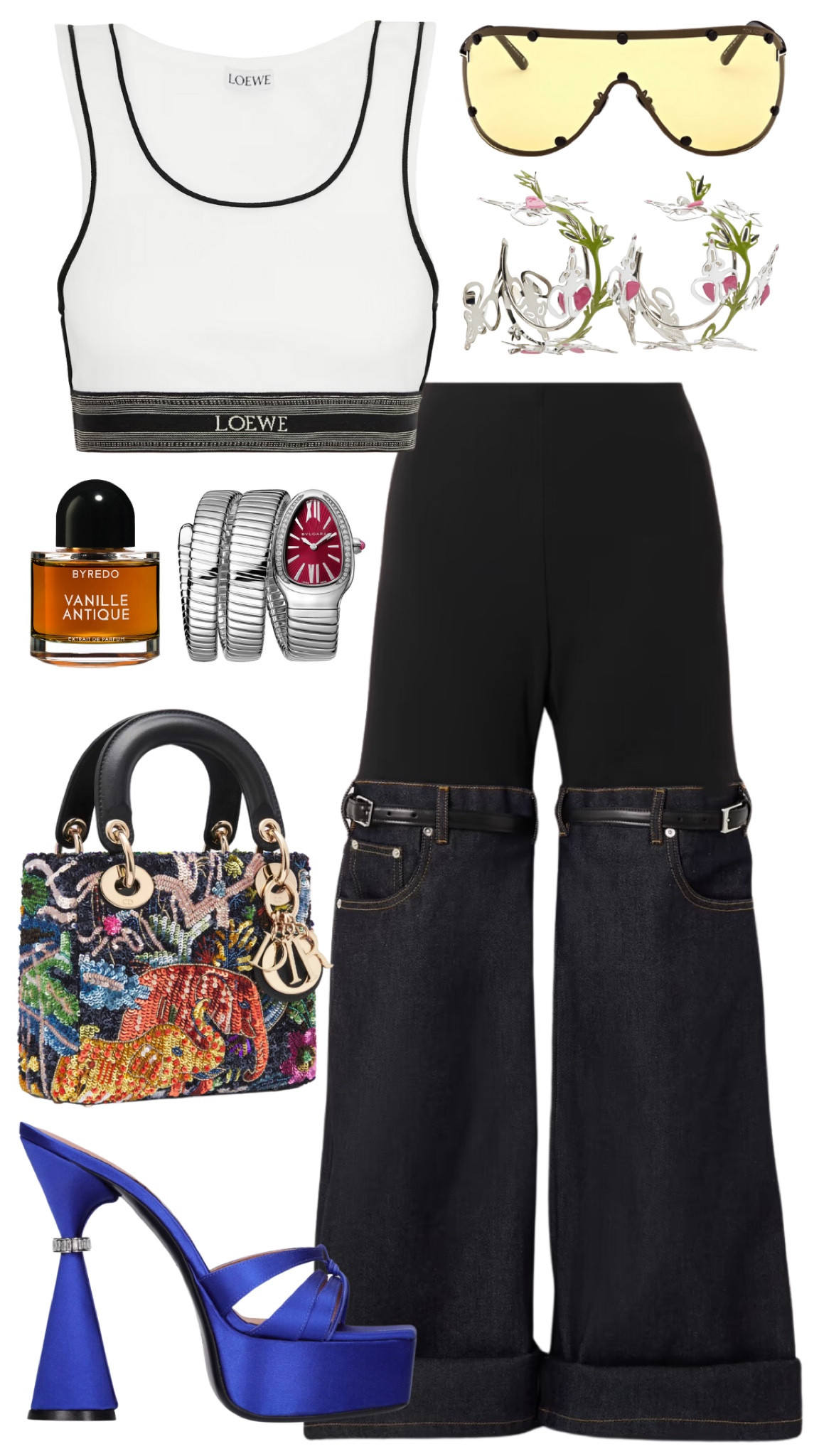 loewe top 
coperni jeans 
d’accori heels 
dior sequin embroidered mini lady dior 
bulgari serpenti watch 
byredo vanille antique perfume
tom ford sunglasses 
y/project earrings 

#LTKstyletip #LTKFind #LTKbeauty