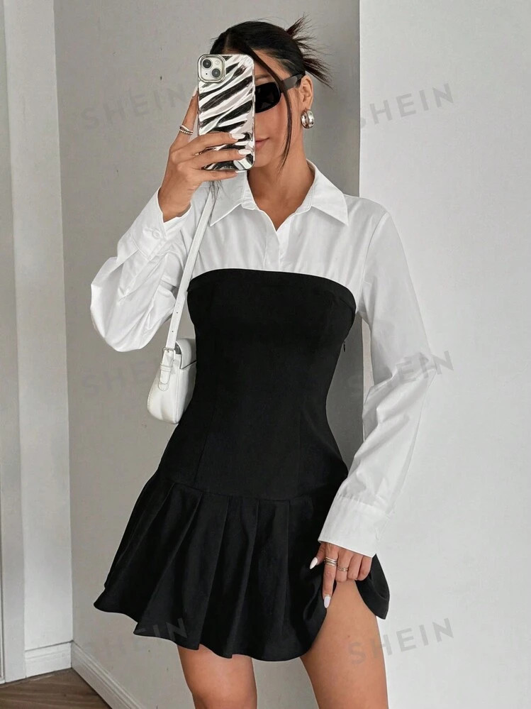 SHEIN EZwear Women's Black And White Woven Shirt Fake Two Pieces Button Front Pleated Long Sleeve... | SHEIN