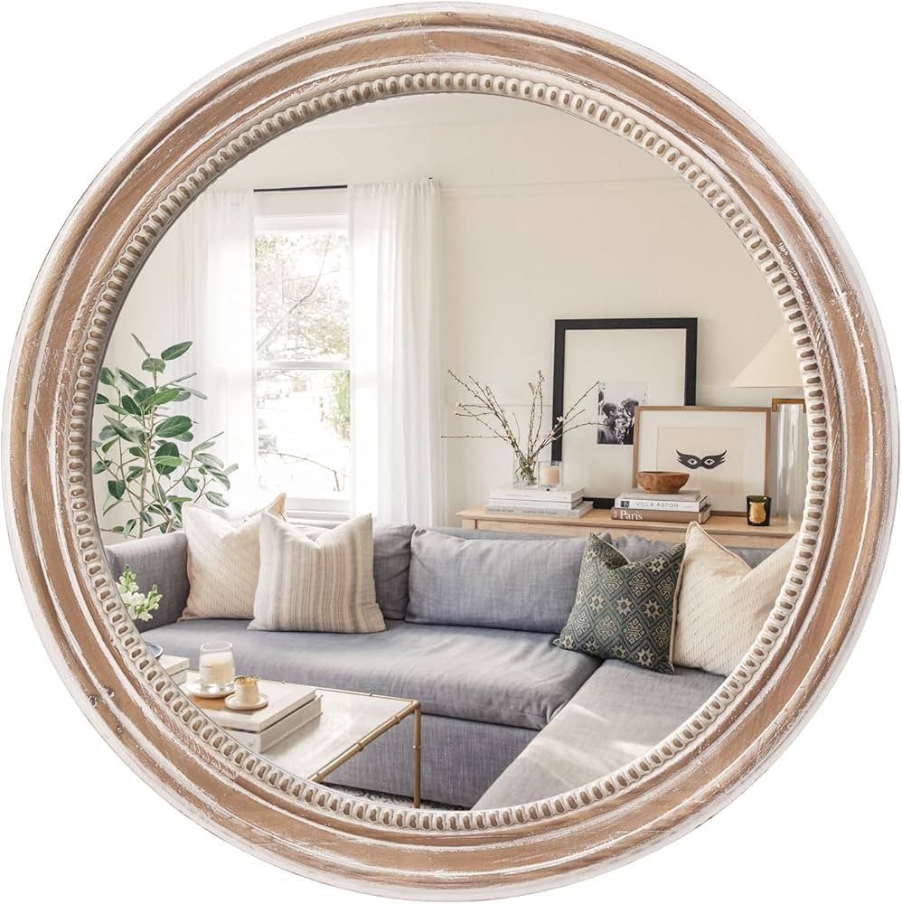 sawsile Farmhouse Round Mirror,24" Rustic Decorative Wall Wooden Mirror,White Wash Beads Circle N... | Amazon (US)
